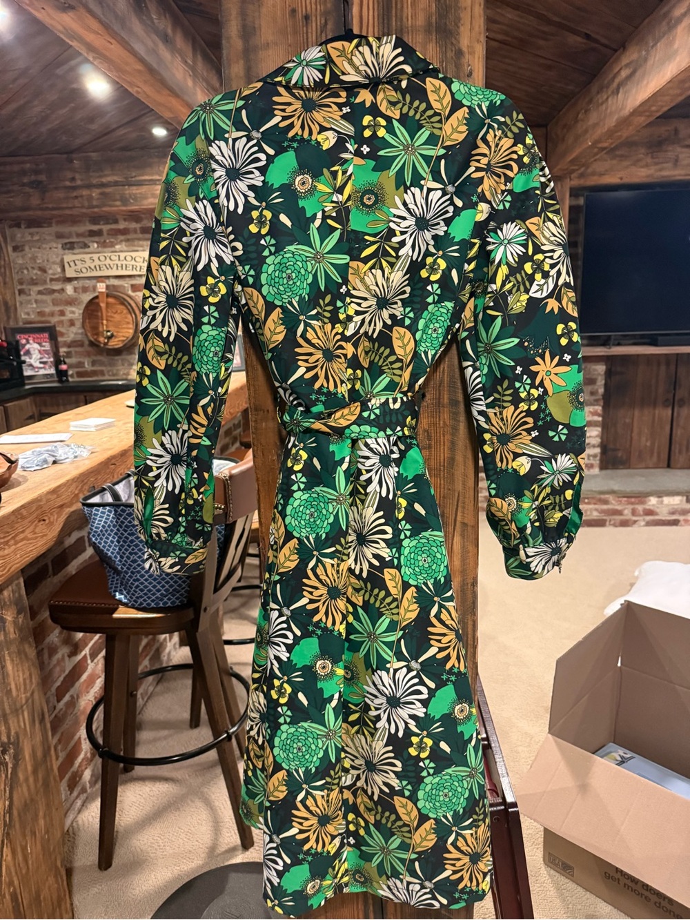 INC International Concepts Green Floral Long Sleeve Dress with Yellow Accents